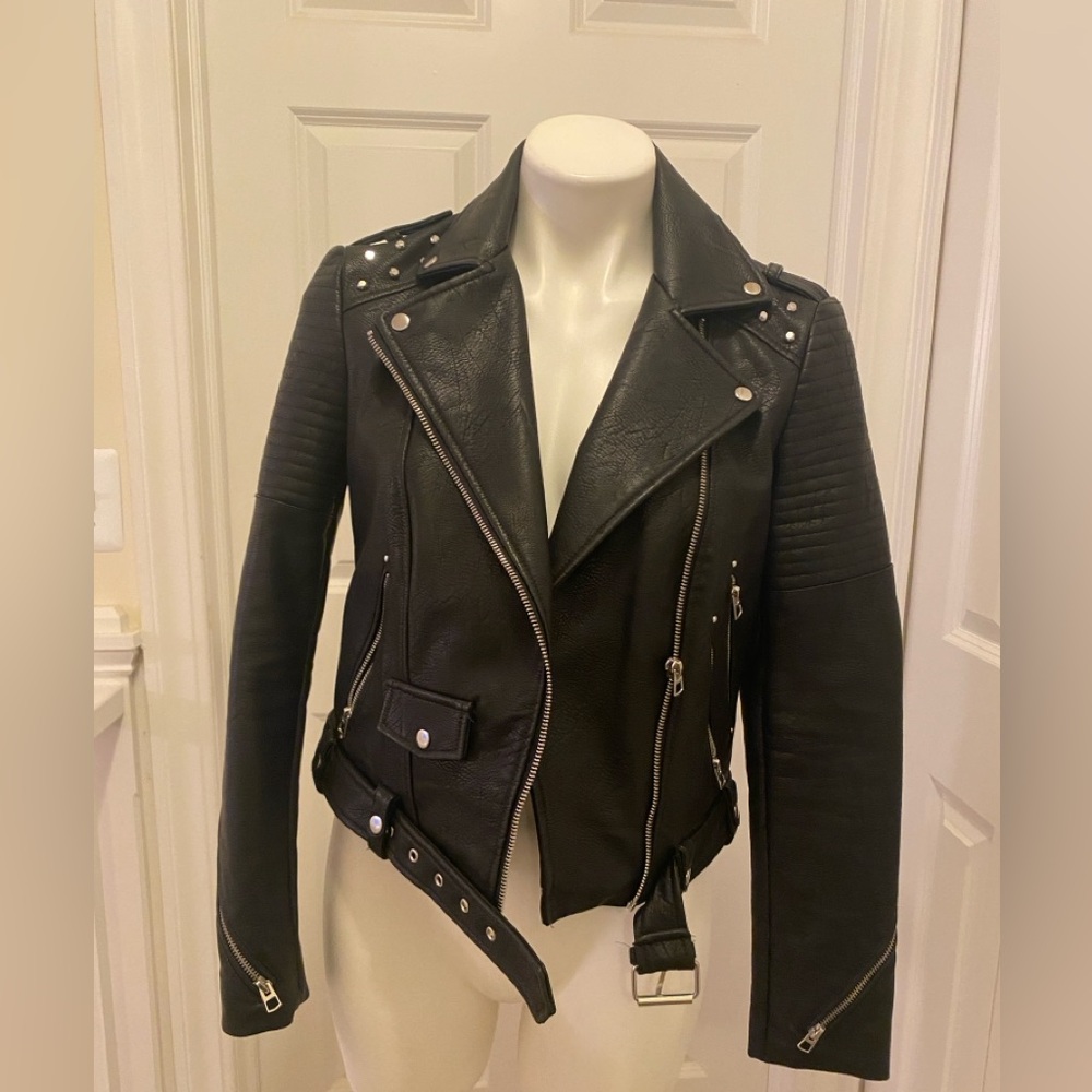 Zara Black Grafitti Studded Moto Leather-Style Biker Jacket